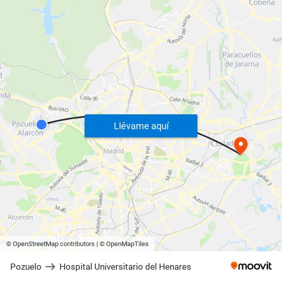 Pozuelo to Hospital Universitario del Henares map