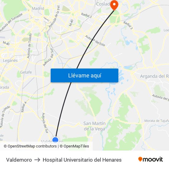 Valdemoro to Hospital Universitario del Henares map