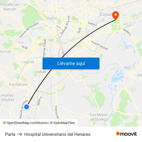 Parla to Hospital Universitario del Henares map