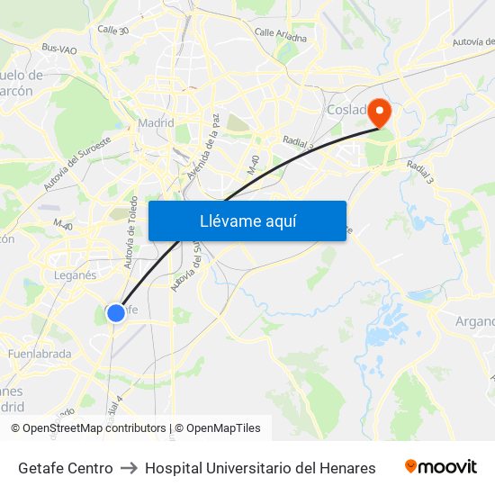 Getafe Centro to Hospital Universitario del Henares map