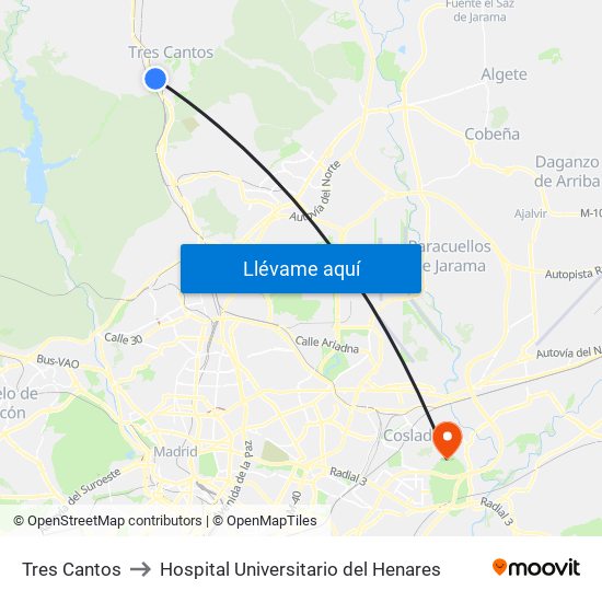 Tres Cantos to Hospital Universitario del Henares map