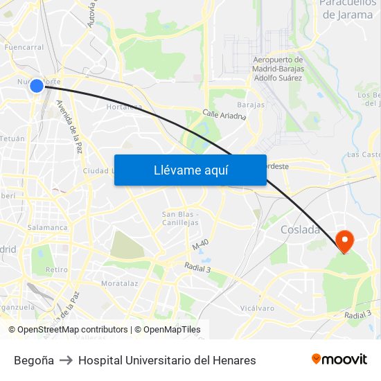 Begoña to Hospital Universitario del Henares map
