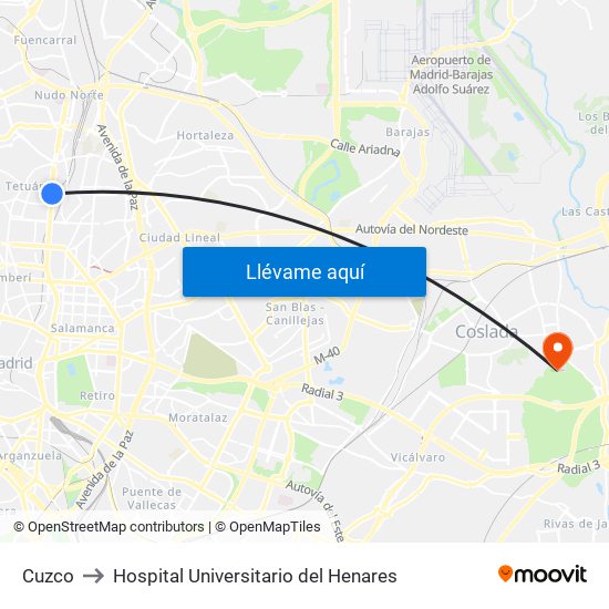 Cuzco to Hospital Universitario del Henares map