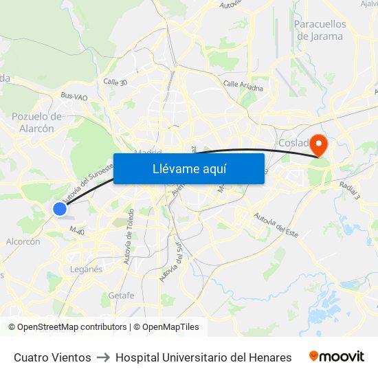 Cuatro Vientos to Hospital Universitario del Henares map