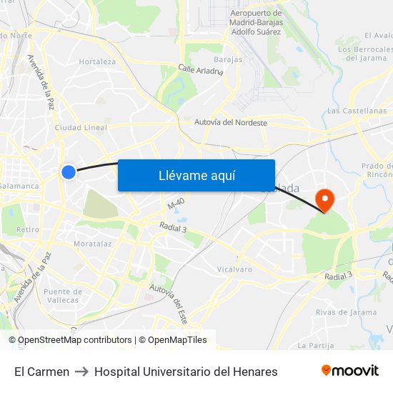 El Carmen to Hospital Universitario del Henares map
