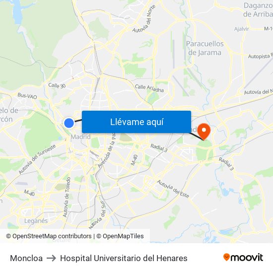 Moncloa to Hospital Universitario del Henares map