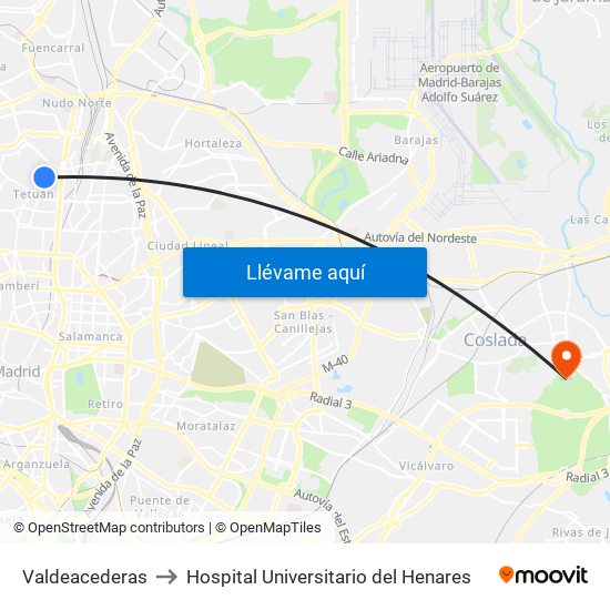 Valdeacederas to Hospital Universitario del Henares map