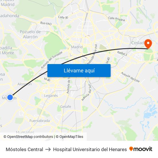 Móstoles Central to Hospital Universitario del Henares map
