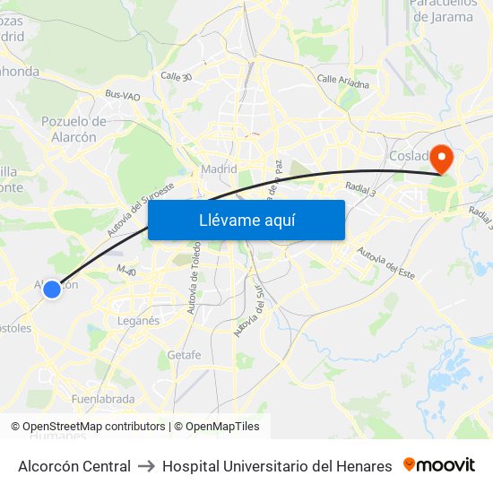 Alcorcón Central to Hospital Universitario del Henares map