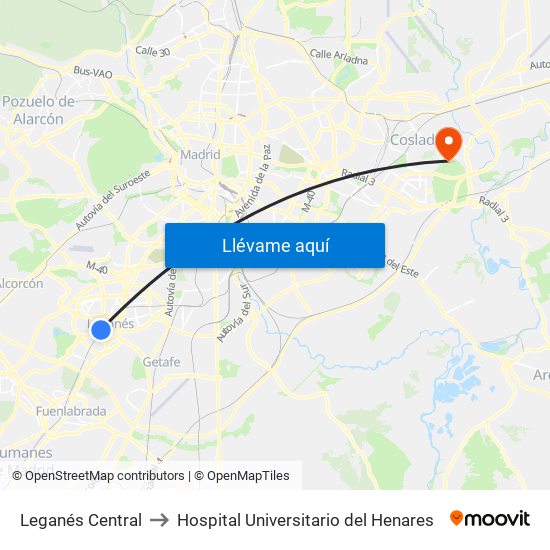 Leganés Central to Hospital Universitario del Henares map