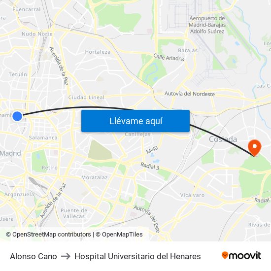 Alonso Cano to Hospital Universitario del Henares map