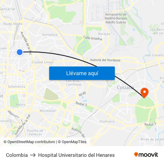 Colombia to Hospital Universitario del Henares map