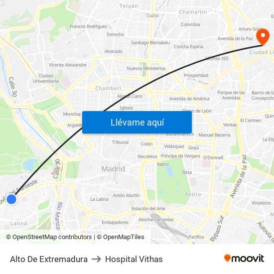 Alto De Extremadura to Hospital Vithas map