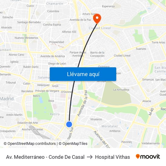Av. Mediterráneo - Conde De Casal to Hospital Vithas map