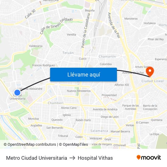 Metro Ciudad Universitaria to Hospital Vithas map
