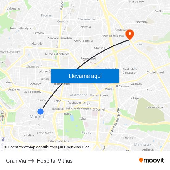 Gran Vía to Hospital Vithas map