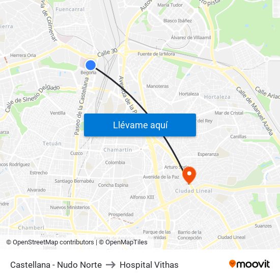 Castellana - Nudo Norte to Hospital Vithas map