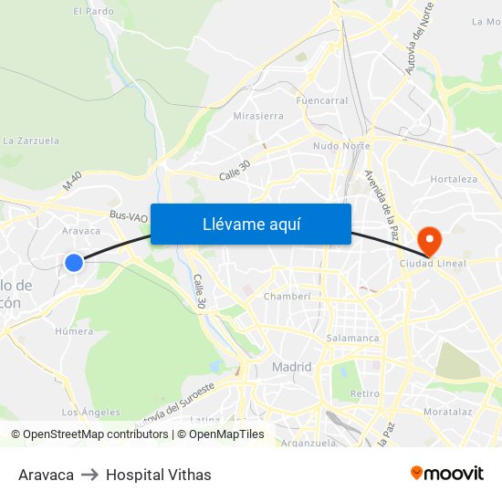 Aravaca to Hospital Vithas map