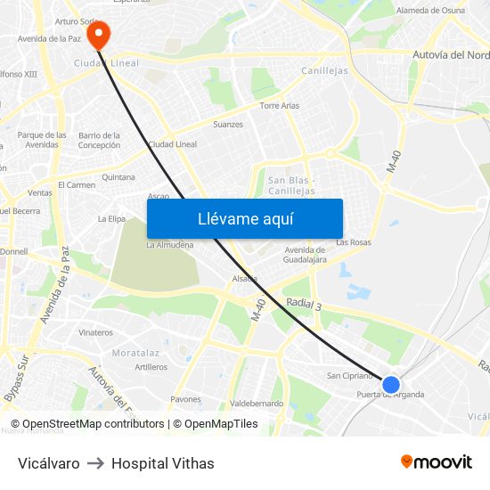 Vicálvaro to Hospital Vithas map