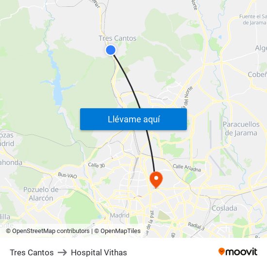 Tres Cantos to Hospital Vithas map