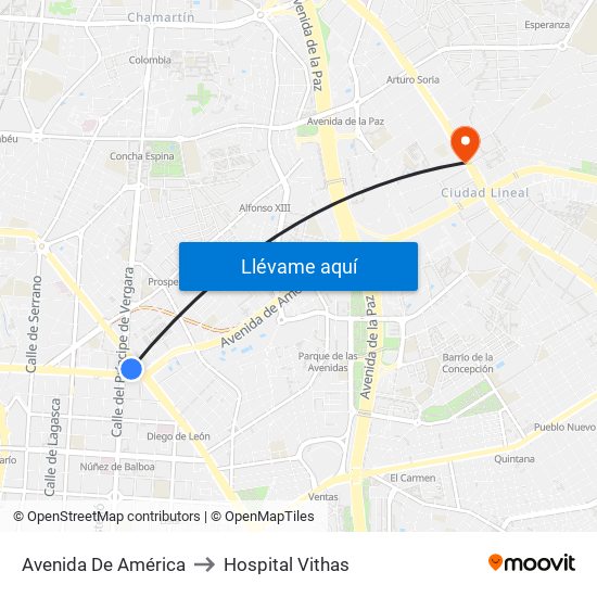 Avenida De América to Hospital Vithas map