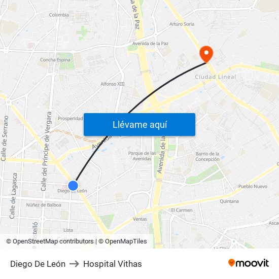 Diego De León to Hospital Vithas map