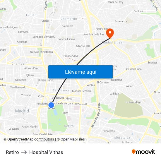 Retiro to Hospital Vithas map