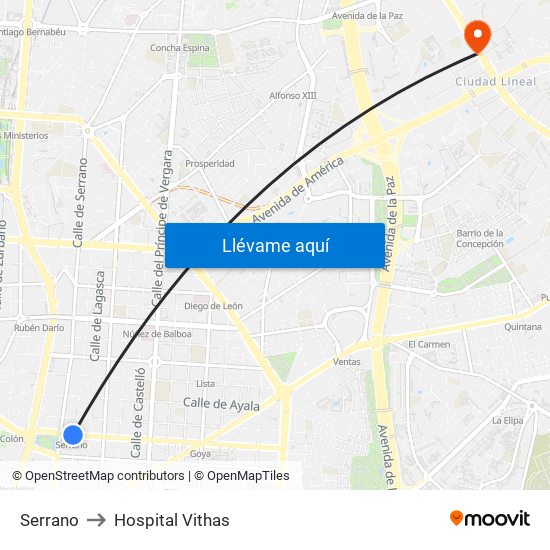 Serrano to Hospital Vithas map