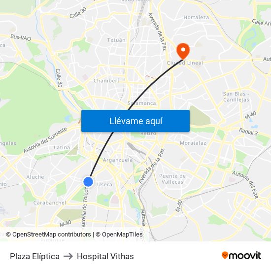 Plaza Elíptica to Hospital Vithas map
