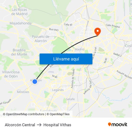 Alcorcón Central to Hospital Vithas map