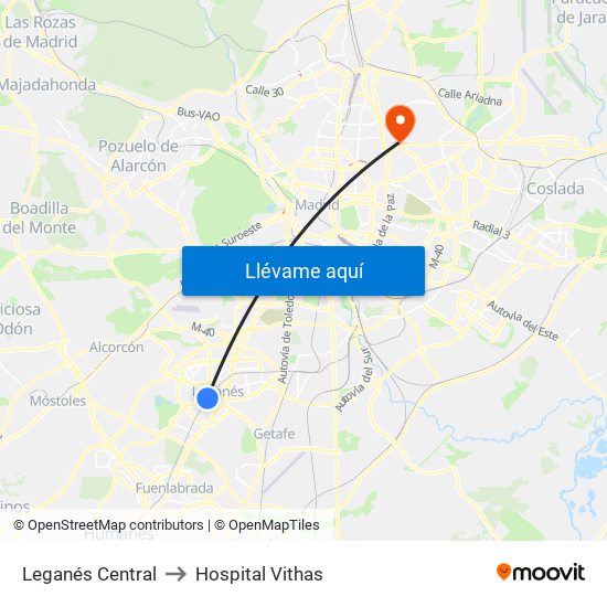 Leganés Central to Hospital Vithas map