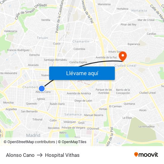 Alonso Cano to Hospital Vithas map