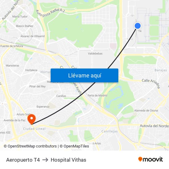Aeropuerto T4 to Hospital Vithas map