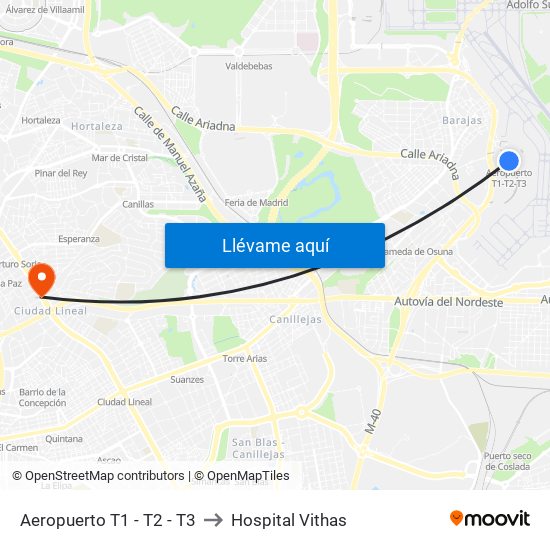 Aeropuerto T1 - T2 - T3 to Hospital Vithas map