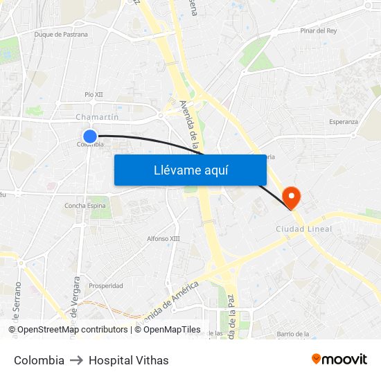 Colombia to Hospital Vithas map