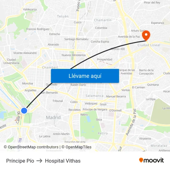 Príncipe Pío to Hospital Vithas map