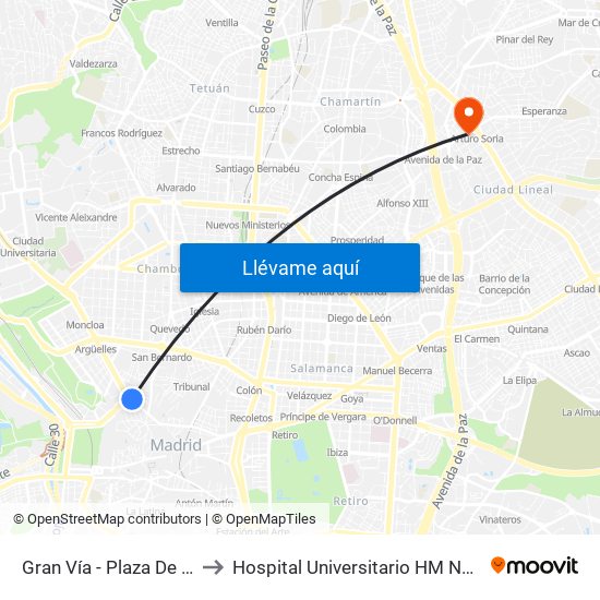 Gran Vía - Plaza De España to Hospital Universitario HM Nuevo Belén map