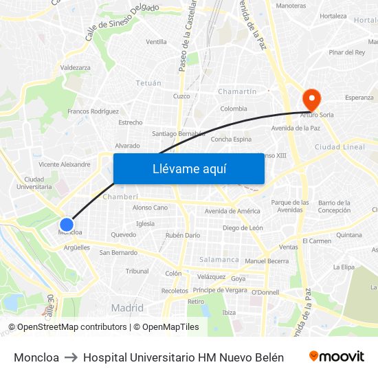 Moncloa to Hospital Universitario HM Nuevo Belén map