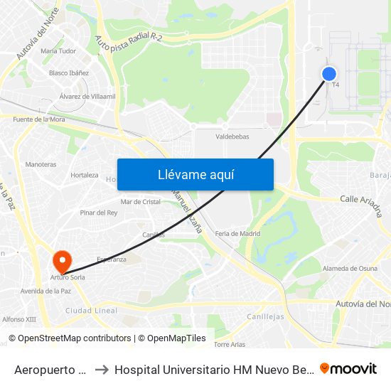 Aeropuerto T4 to Hospital Universitario HM Nuevo Belén map