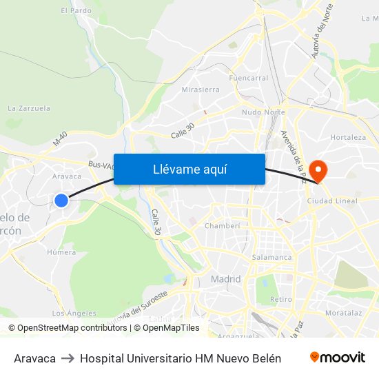Aravaca to Hospital Universitario HM Nuevo Belén map