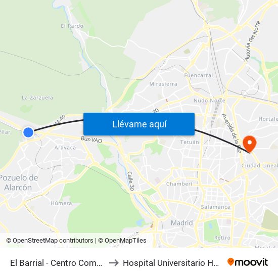 El Barrial - Centro Comercial Pozuelo to Hospital Universitario HM Nuevo Belén map