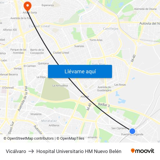 Vicálvaro to Hospital Universitario HM Nuevo Belén map
