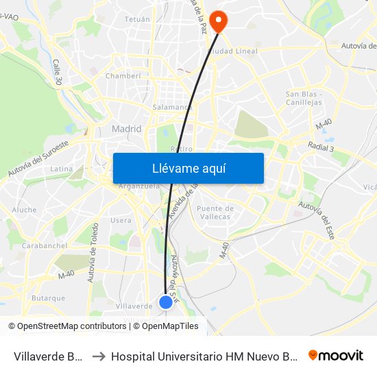 Villaverde Bajo to Hospital Universitario HM Nuevo Belén map