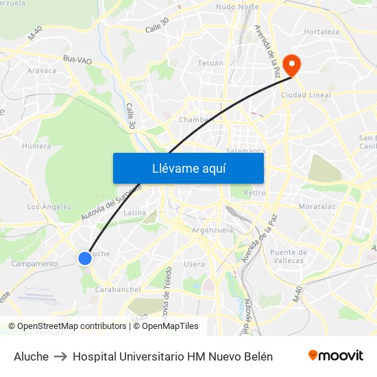 Aluche to Hospital Universitario HM Nuevo Belén map