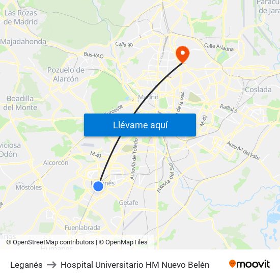 Leganés to Hospital Universitario HM Nuevo Belén map
