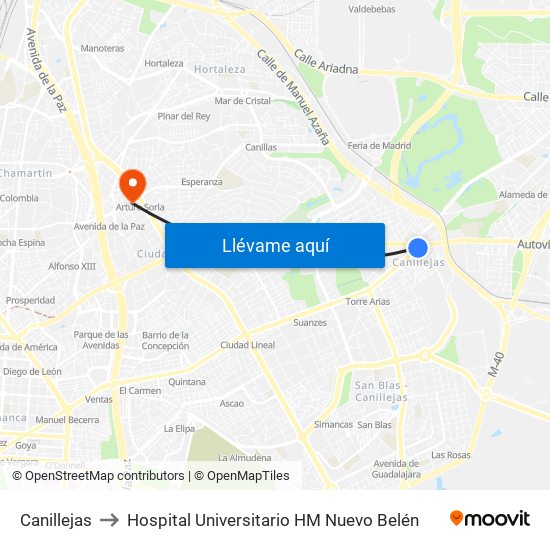 Canillejas to Hospital Universitario HM Nuevo Belén map