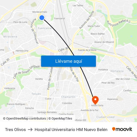 Tres Olivos to Hospital Universitario HM Nuevo Belén map