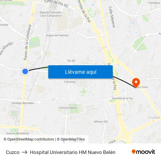 Cuzco to Hospital Universitario HM Nuevo Belén map