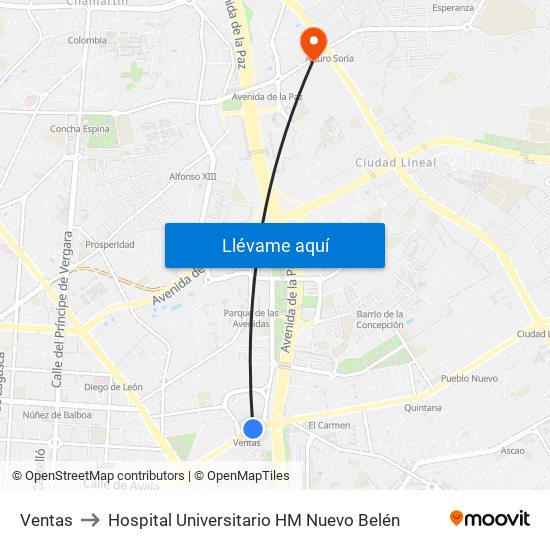 Ventas to Hospital Universitario HM Nuevo Belén map