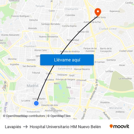 Lavapiés to Hospital Universitario HM Nuevo Belén map